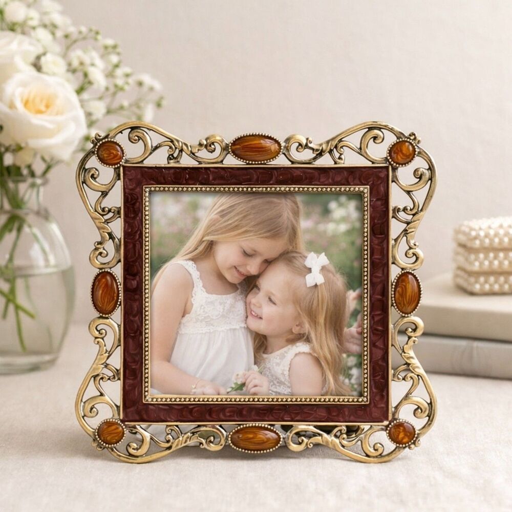 Bijou Ornate 4X4 Picture Frame Gold Enamel Agate Stone Victorian Style